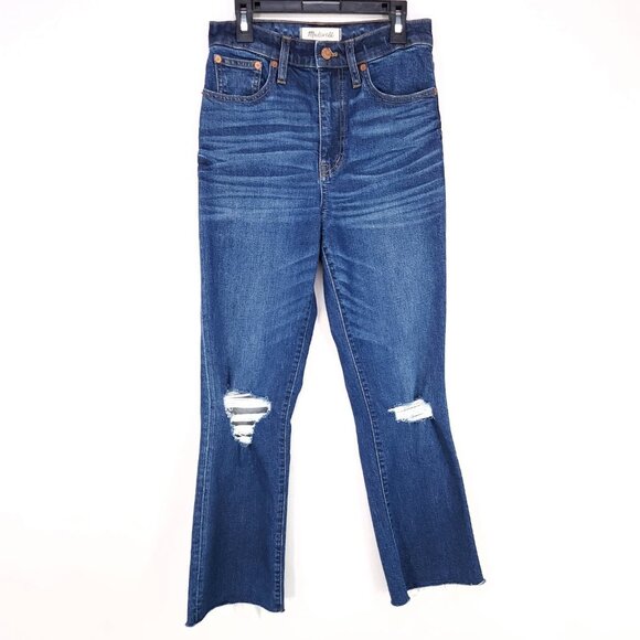 Madewell 11" High Rise Crop Flare Jeans 26 Women Raw Hem Fray Distress Whiskered - Picture 1 of 15